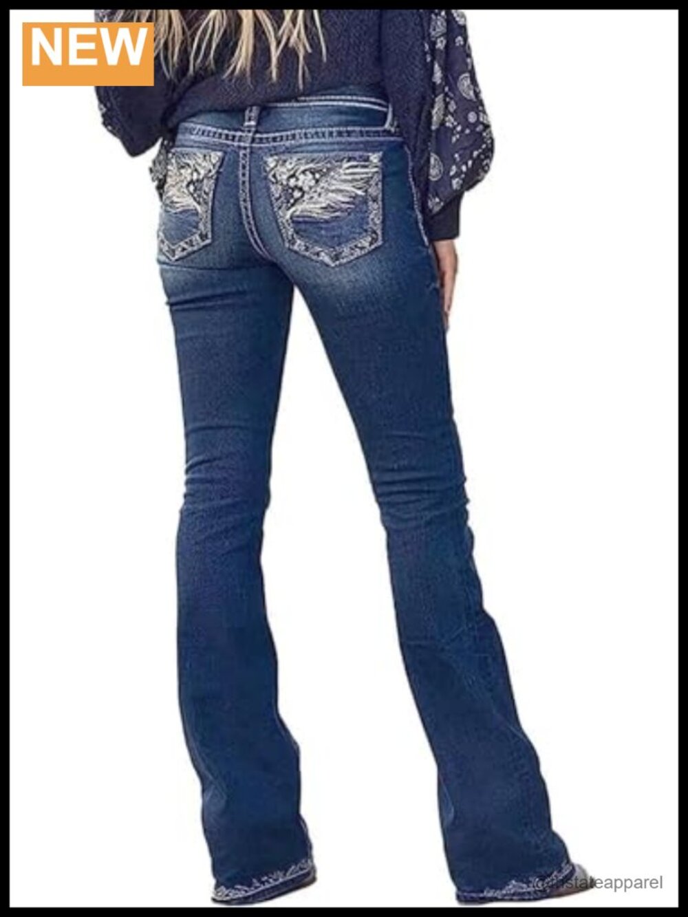 Stretchy Cotton Spandex Bootcut Jeans Embroidered Feather Mid Rise